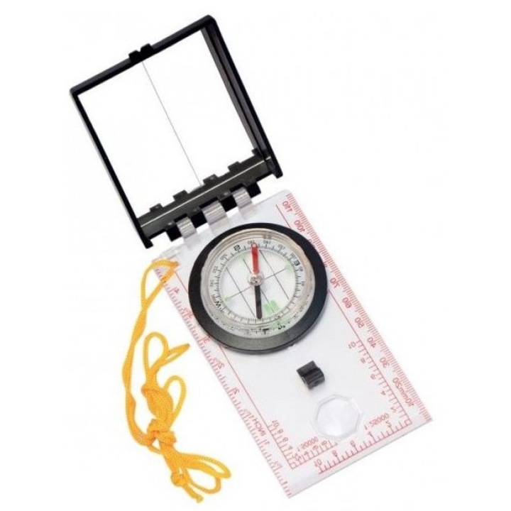 Busola de harta cu oglinda Joker, cadran rotativ, lupa, material transparent, gradatii laterale in inch si cm, snur, 120 x 70 x 22 mm, 93 g