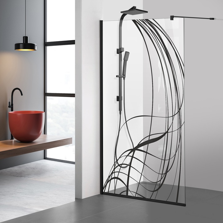 Paravan dus walk-in Aqua Roy® Black, model Lava negru, feronerie full inox negru mat, sticla 8 mm clara, securizata, anticalcar, 90x195 cm