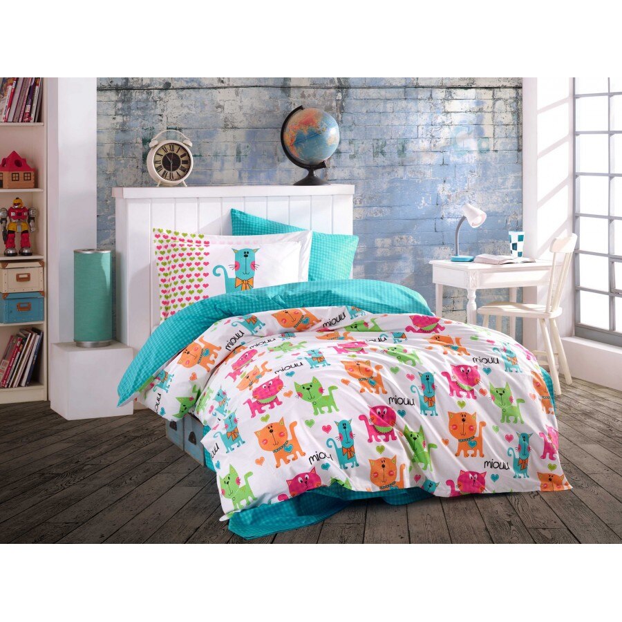 Lenjerie pat 1 persoana bumbac 100% poplin, 3 piese, Hobby Home, Miouu - Turquoise