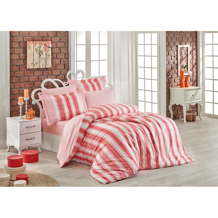 Lenjerie pat bumbac 100% poplin, 240 x 260 cm, 4 piese, Hobby Home, Debora - Coral