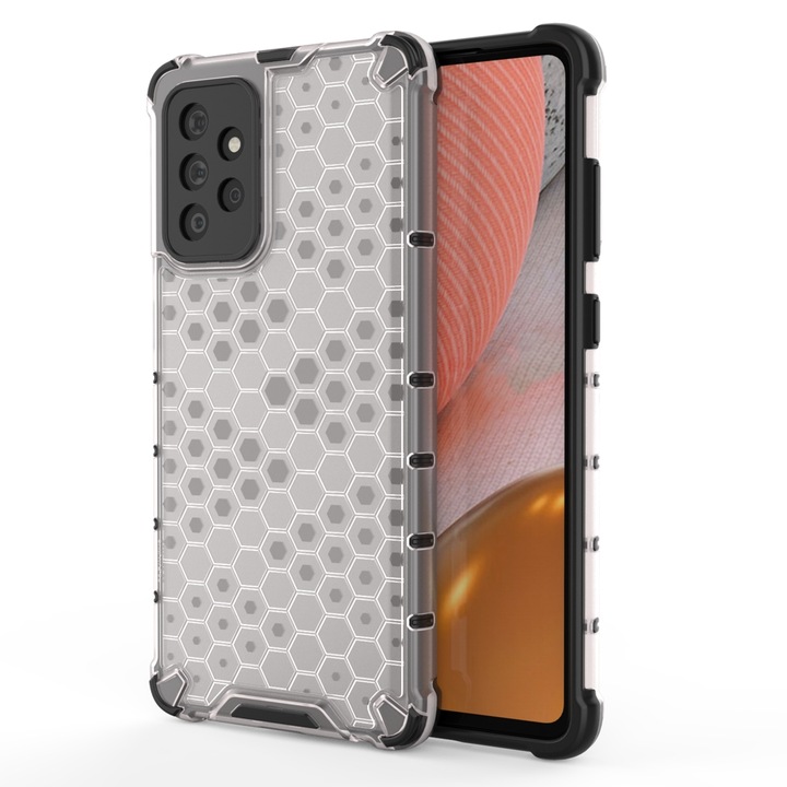 Telefontok Samsung Galaxy A72 / A72 5G - Hexagon mintás ütésálló áttetsző műanyag tok, szilikon peremmel