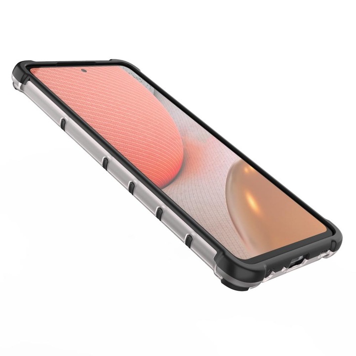 Telefontok Samsung Galaxy A72 / A72 5G - Hexagon mintás ütésálló áttetsző műanyag tok, szilikon peremmel