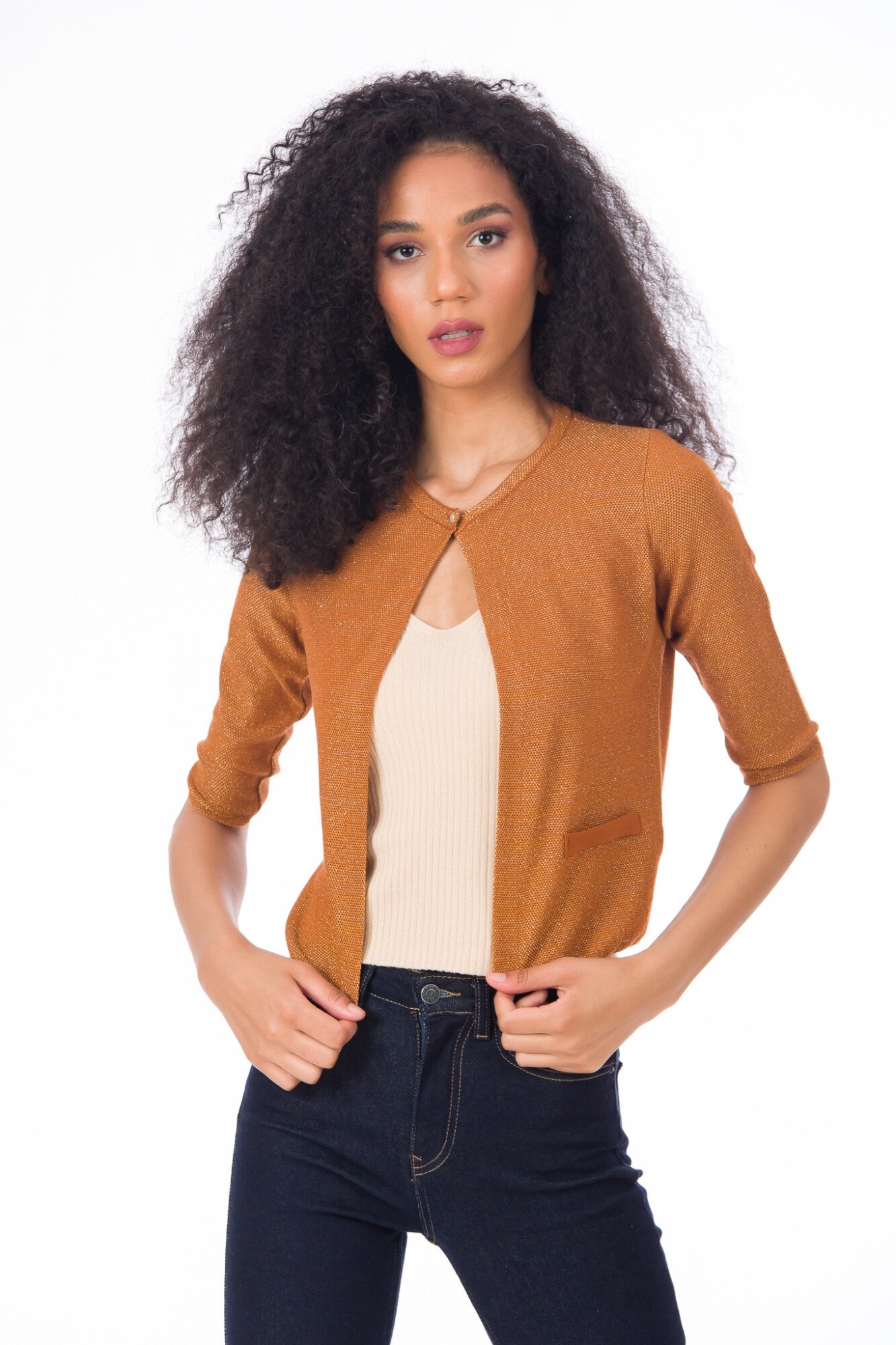 Jacheta BE YOU sclipici, maro caramel