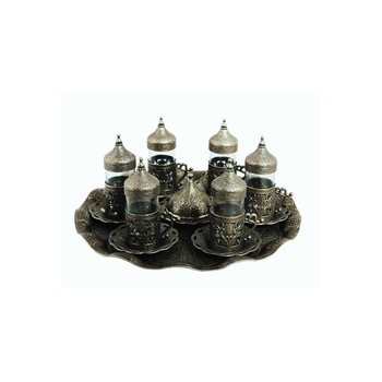 Set 6 cesti cafea turceasca, cu pahar din sticla si suport metalic, Set 6 cesti cafea turceasca, cu pahar din sticla si suport metalic,