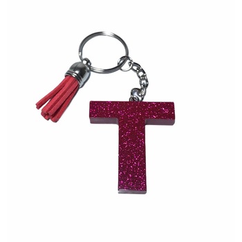 Breloc Gentelo cu initiala T, Handmade din rasina epoxidica Glitter rose, 4 cm Breloc Gentelo cu initiala T, Handmade din rasina epoxidica Glitter rose, 4 cm