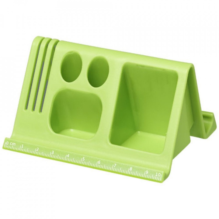 Suport de birou pentru tablete si telefoane cu orificii pentru papetarie, Verde
