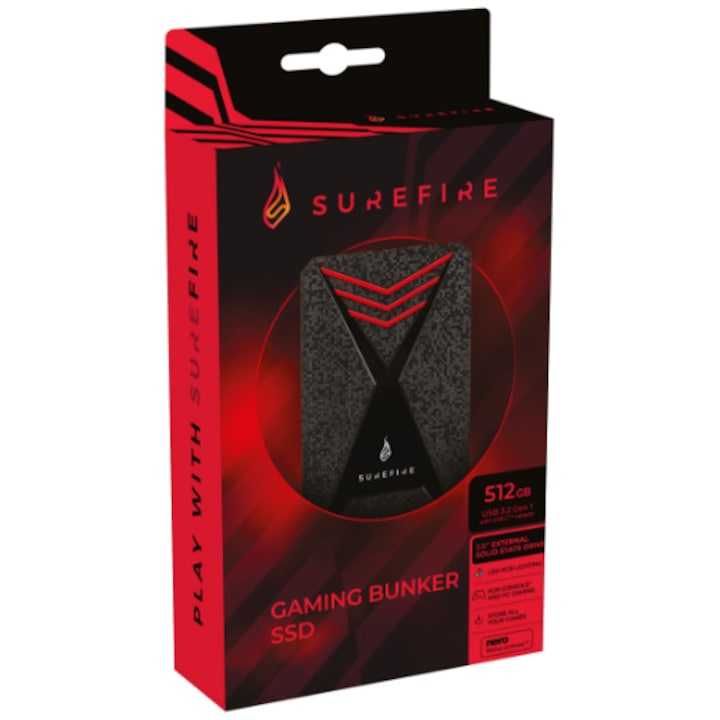 SSD extern SureFire Bunker Gaming, 512GB, iluminare RGB, USB 3.2 Gen 1 Type-C, Negru