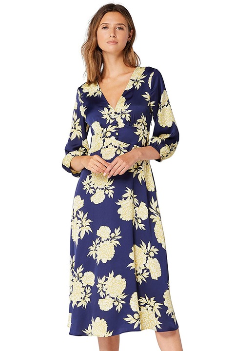 Дамска рокля Truth & Fable, Флорални мотиви, V-образно деколте, 3/4 ръкави, Жълт/Син
