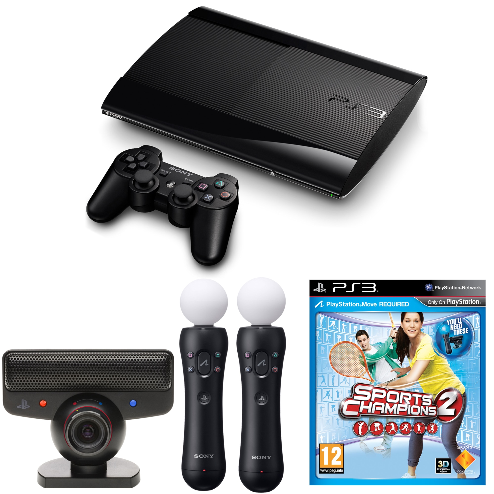 Wide range disk bolt Consola Sony PlayStation 3, 12GB + Joc Sports Champions 2 + 2 x Move Motion  Controller, Negru - eMAG.ro