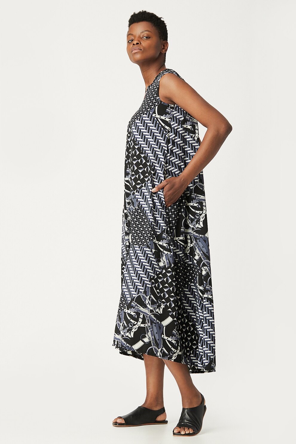 Antonia M, Rochie lejera cu imprimeu grafic, Negru/Alb/Albastru