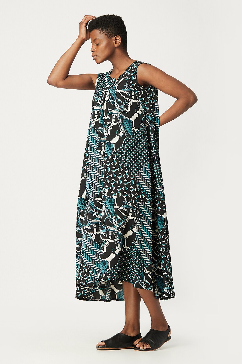 Antonia M, Rochie lejera cu imprimeu grafic, Alb/Negru/Verde persan