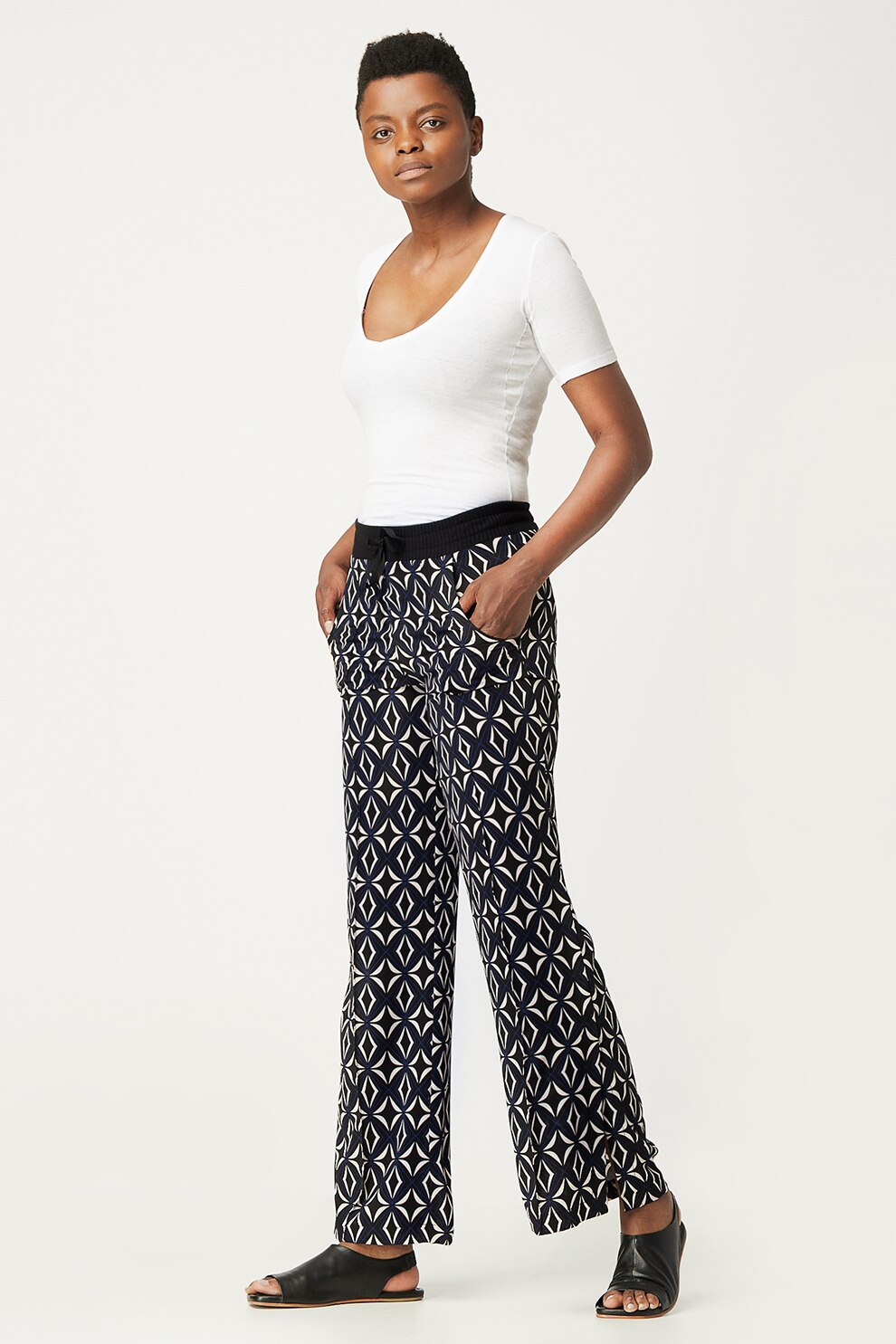 Antonia M, Pantaloni cu imprimeu si croiala ampla, negru, crem, albastru