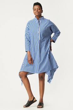 Antonia M, Rochie asimetrica in carouri cu maneci cazute, Albastru/Alb, S-M Antonia M, Rochie asimetrica in carouri cu maneci cazute, Albastru/Alb, S-M