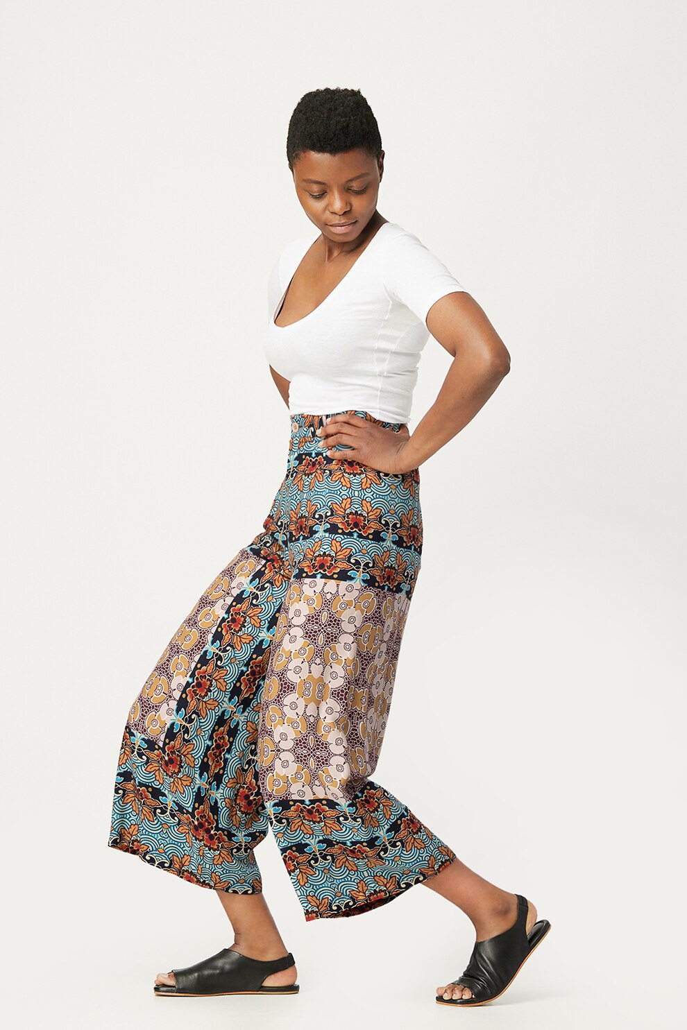 Antonia M, Pantaloni cu talie inalta si croiala ampla, Multicolora