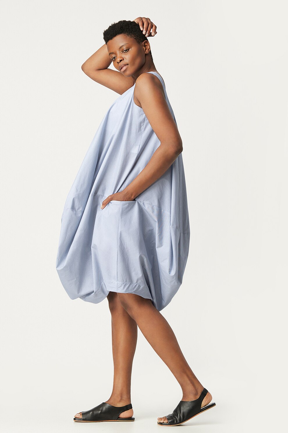 Antonia M, Rochie midi asimetrica fara maneci, Gri deschis/Bleumarin, S-M