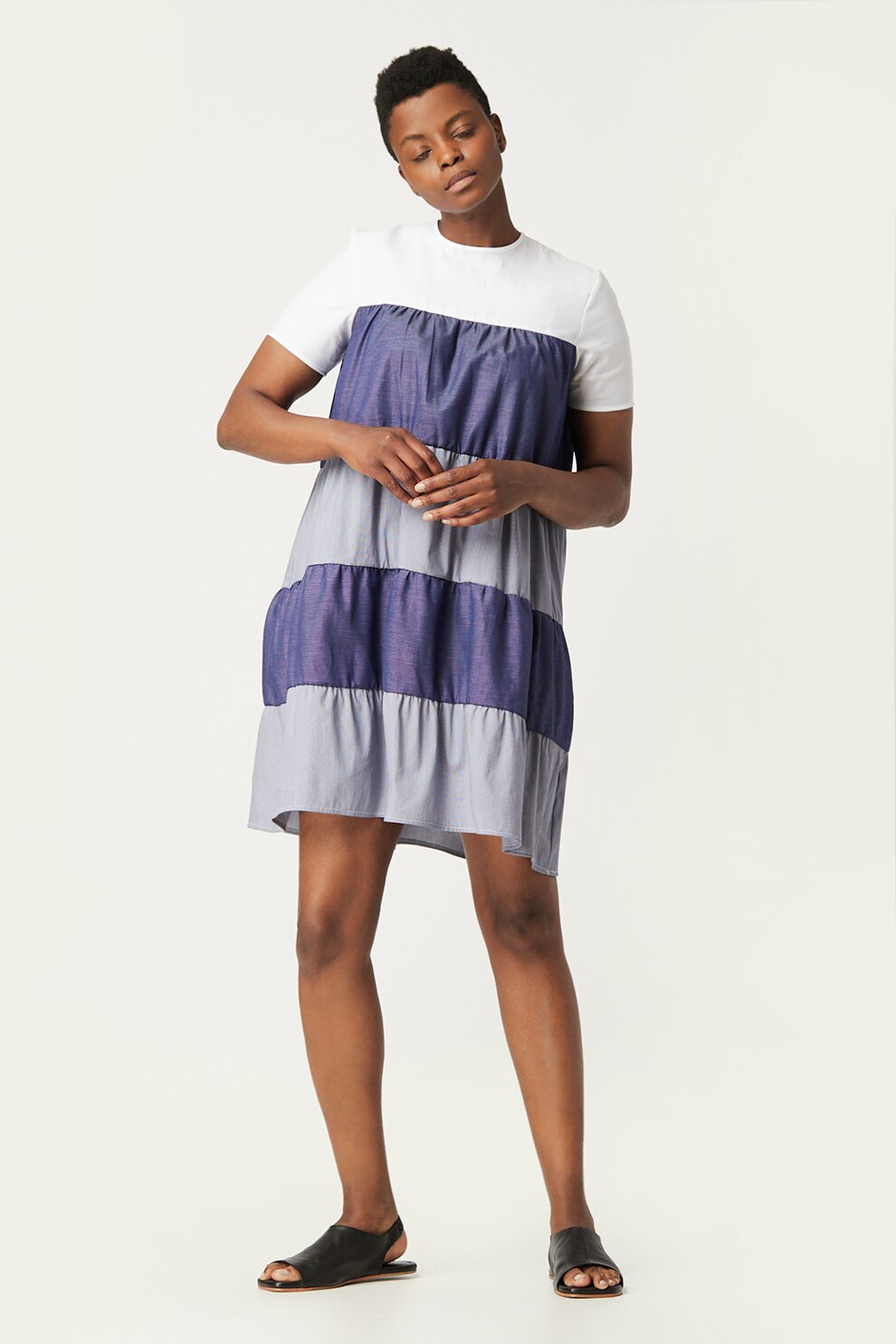 Antonia M, Rochie lejera evazata, Alb/ Albastru indigo/Gri