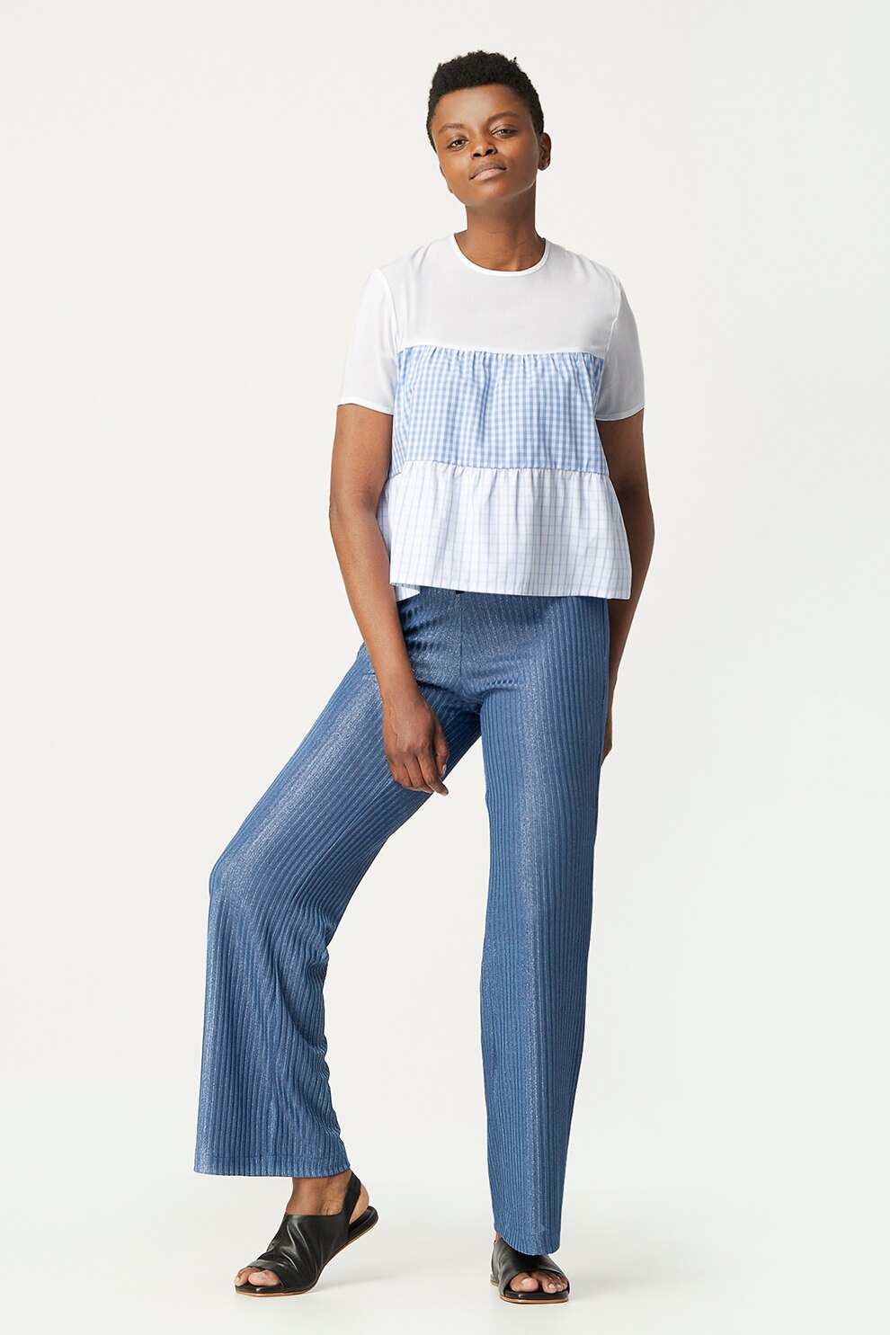 Antonia M, Bluza lejera cu imprimeu in carouri, Alb/Albastru azur