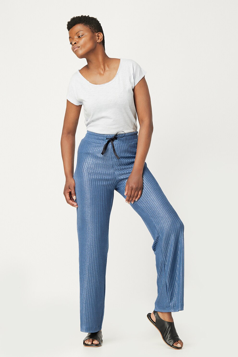 Antonia M, Pantaloni drepti din jerseu cu striatii si snur in talie, Albastru lavanda