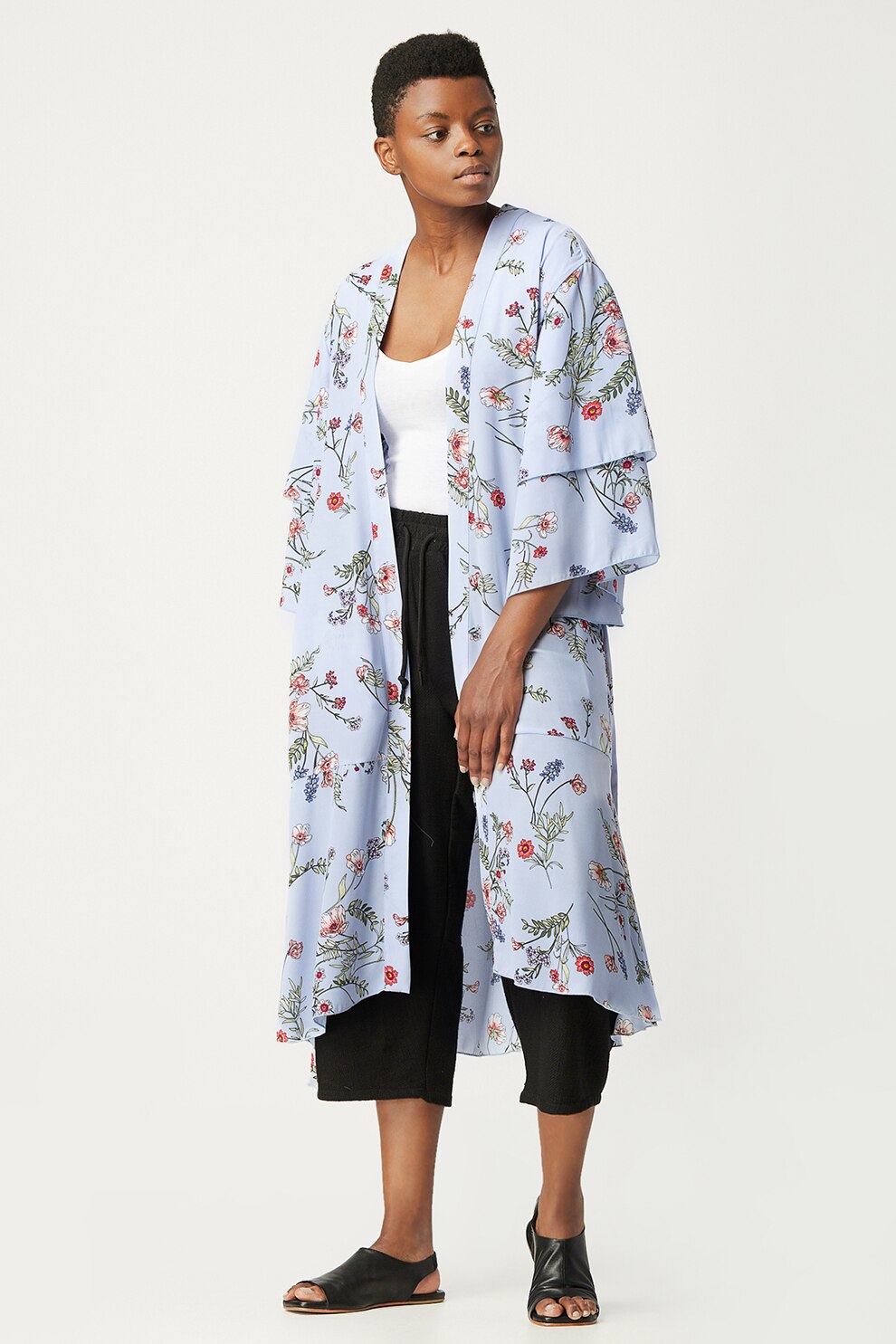 Antonia M, Chimono vaporos lung cu imprimeu floral, Albastru azur