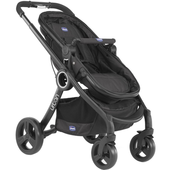 Carucior pentru copii Chicco Urban Plus, negru, cu copertina si sac de dormit, compact, pliabil