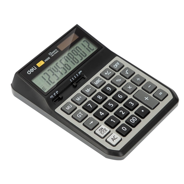 Calculator de Birou Modern Deli M008 20, 12 Digits, Negru/Gri, Alimentare Dubla