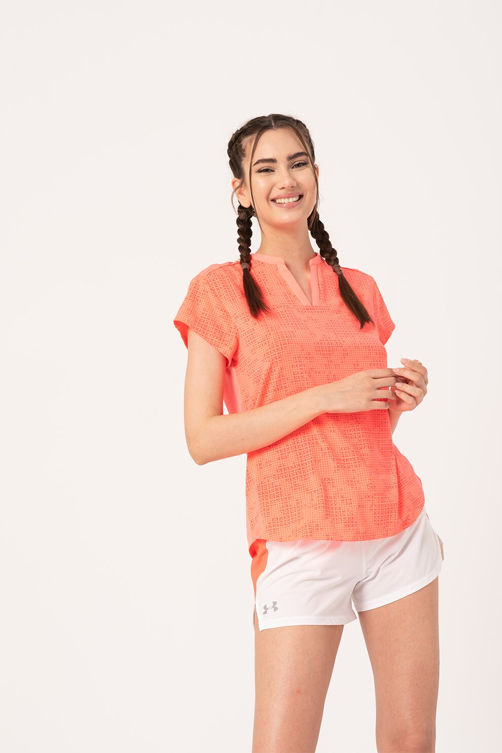 Under Armour, Tricou din amestec de bumbac cu imprimeu Threadborne, Corai