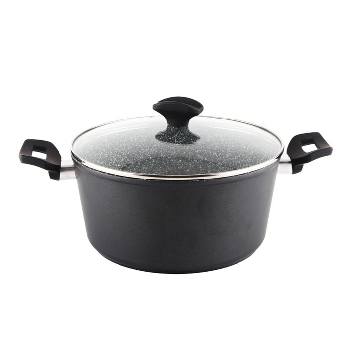 Edény fedéllel, Alumínium edény, Hőálló üvegfedél, Gránit belső, 6L Űrtartalom, 28cm átmérő, Fekete