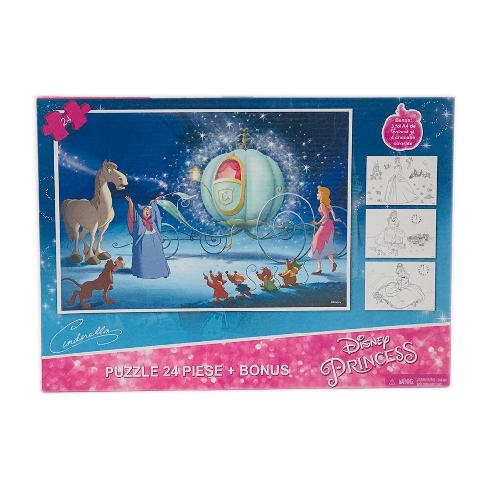 Puzzle cu 24 piese si bonus 3 foi A4 cu contur si 4 creioane colorate Princess