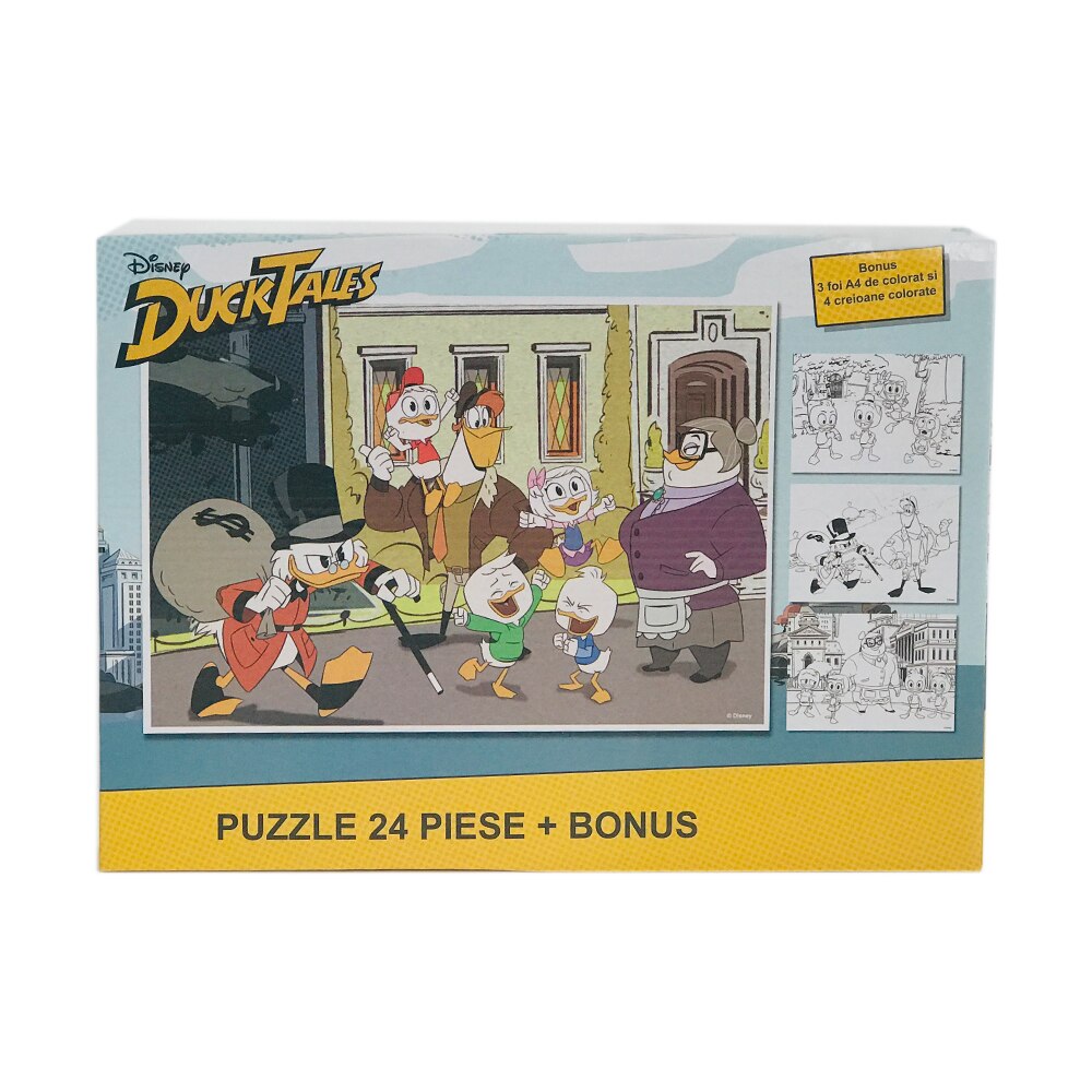 Puzzle cu 24 piese si bonus 3 foi A4 cu contur si 4 creioane colorate Donald