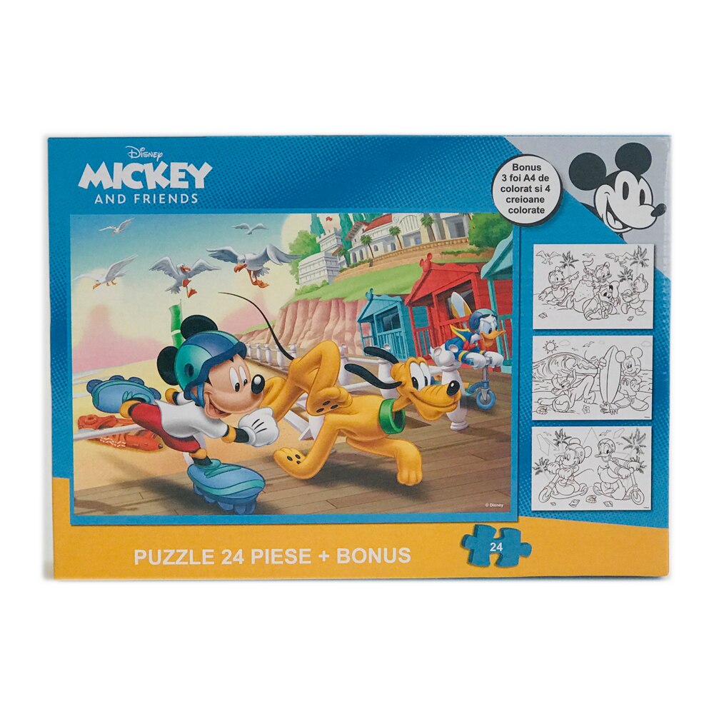 Puzzle cu 24 piese si bonus 3 foi A4 cu contur si 4 creioane colorate Mickey
