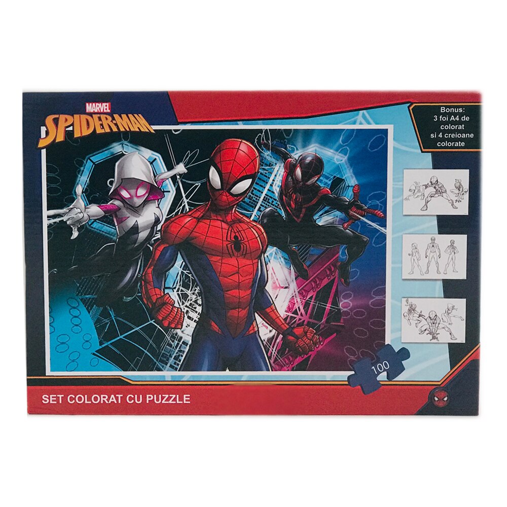 Puzzle cu 100 piese si bonus 3 foi A4 cu contur si 4 creioane colorate Spider-Man