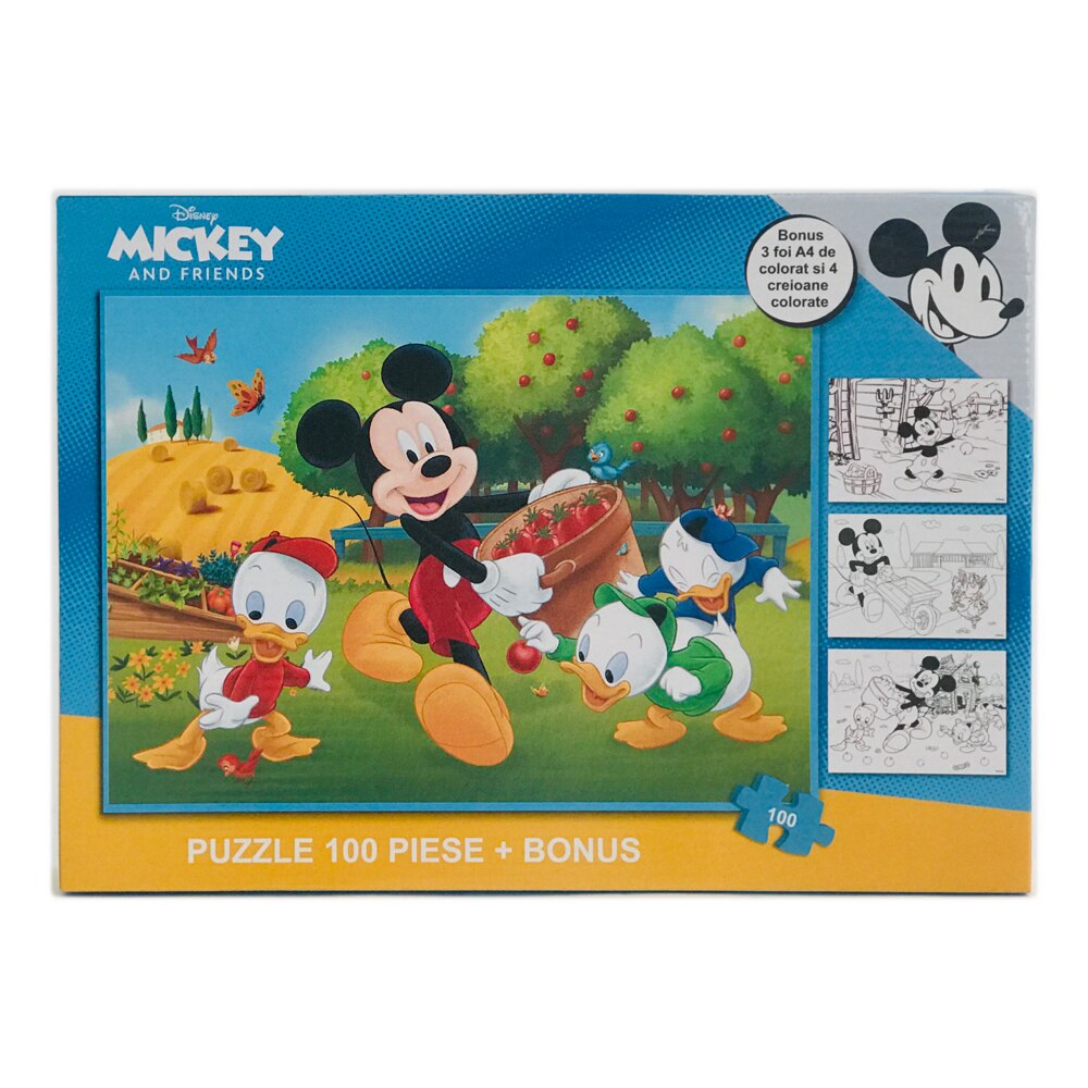 Puzzle cu 100 piese si bonus 3 foi A4 cu contur si 4 creioane colorate Mickey
