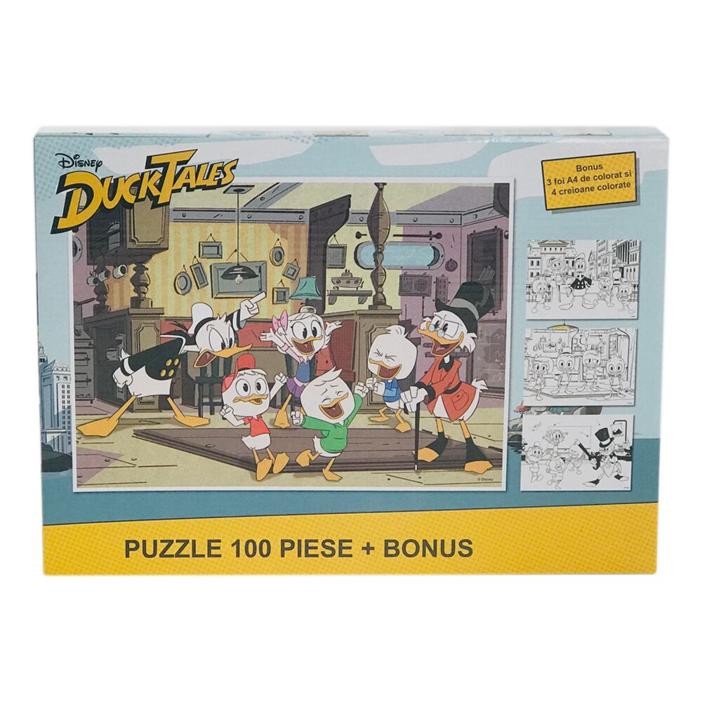 Puzzle cu 100 piese si bonus 3 foi A4 cu contur si 4 creioane colorate Donald