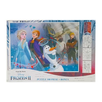 Puzzle cu 100 piese si bonus 3 foi A4 cu contur si 4 creioane colorate Frozen Puzzle cu 100 piese si bonus 3 foi A4 cu contur si 4 creioane colorate Frozen