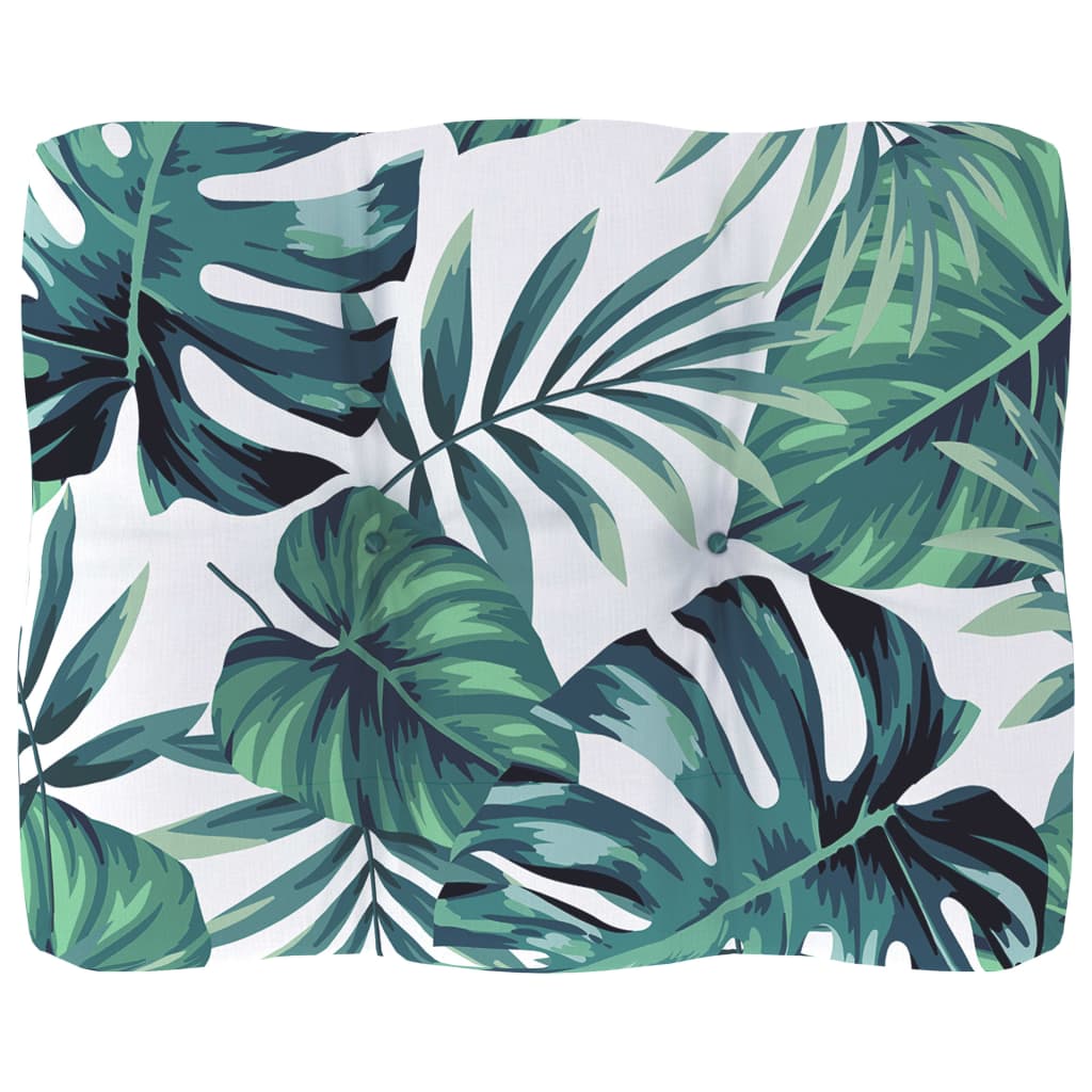 Perna canapea din paleti de gradina, vidaXL, Textil-Poliester, 50 x 40 x 12 cm, Alb/Verde model frunze tropicale