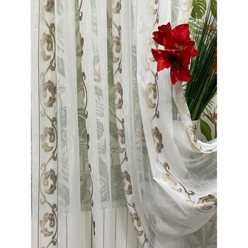 Perdea alba 400x245cm cu broderie de frunze maro, cu rejansa by Liz Line - RD2024 Perdea alba 400x245cm cu broderie de frunze maro, cu rejansa by Liz Line - RD2024