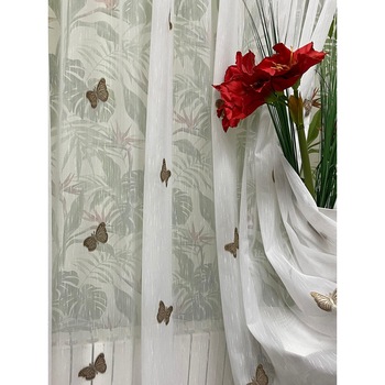 Perdea alba 500x245cm cu broderie de fluturi maro, cu rejansa by Liz Line - RD2055 Perdea alba 500x245cm cu broderie de fluturi maro, cu rejansa by Liz Line - RD2055
