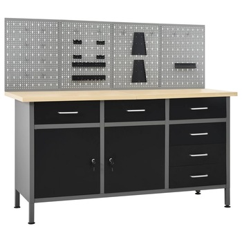 Banc de lucru cu panouri pentru atelier/garaj, cu 8 compartimente, vidaXL, Otel, 160 x 60 x 85 cm, Negru/Argintiu Banc de lucru cu panouri pentru atelier/garaj, cu 8 compartimente, vidaXL, Otel, 160 x 60 x 85 cm, Negru/Argintiu