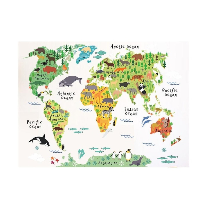 Sticker decorativ, Harta lumii a animalelor, 140 cm, 1375ST