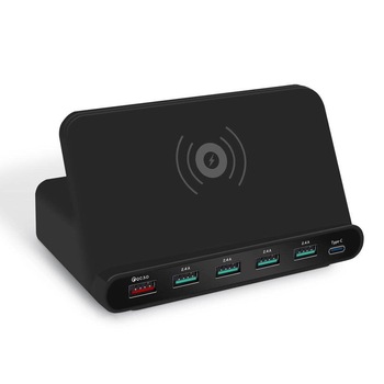 Statie incarcare telefon PYRAMID®, Wireless QI 10W, fast charge, 5 porturi usb, 1 port type C, negru, WLC064 Statie incarcare telefon PYRAMID®, Wireless QI 10W, fast charge, 5 porturi usb, 1 port type C, negru, WLC064
