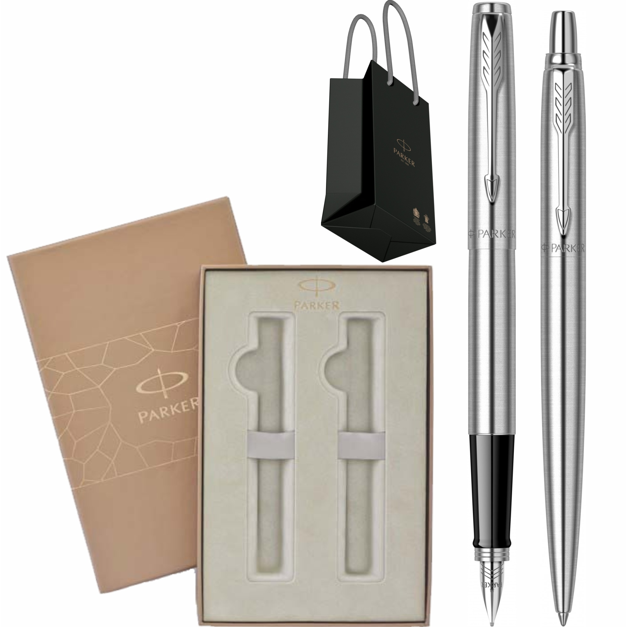 Set Parker Personalizat prin Gravura Laser Stilou Pix Jotter Royal Stainless Steel CT in cutie Premium Duo si punga
