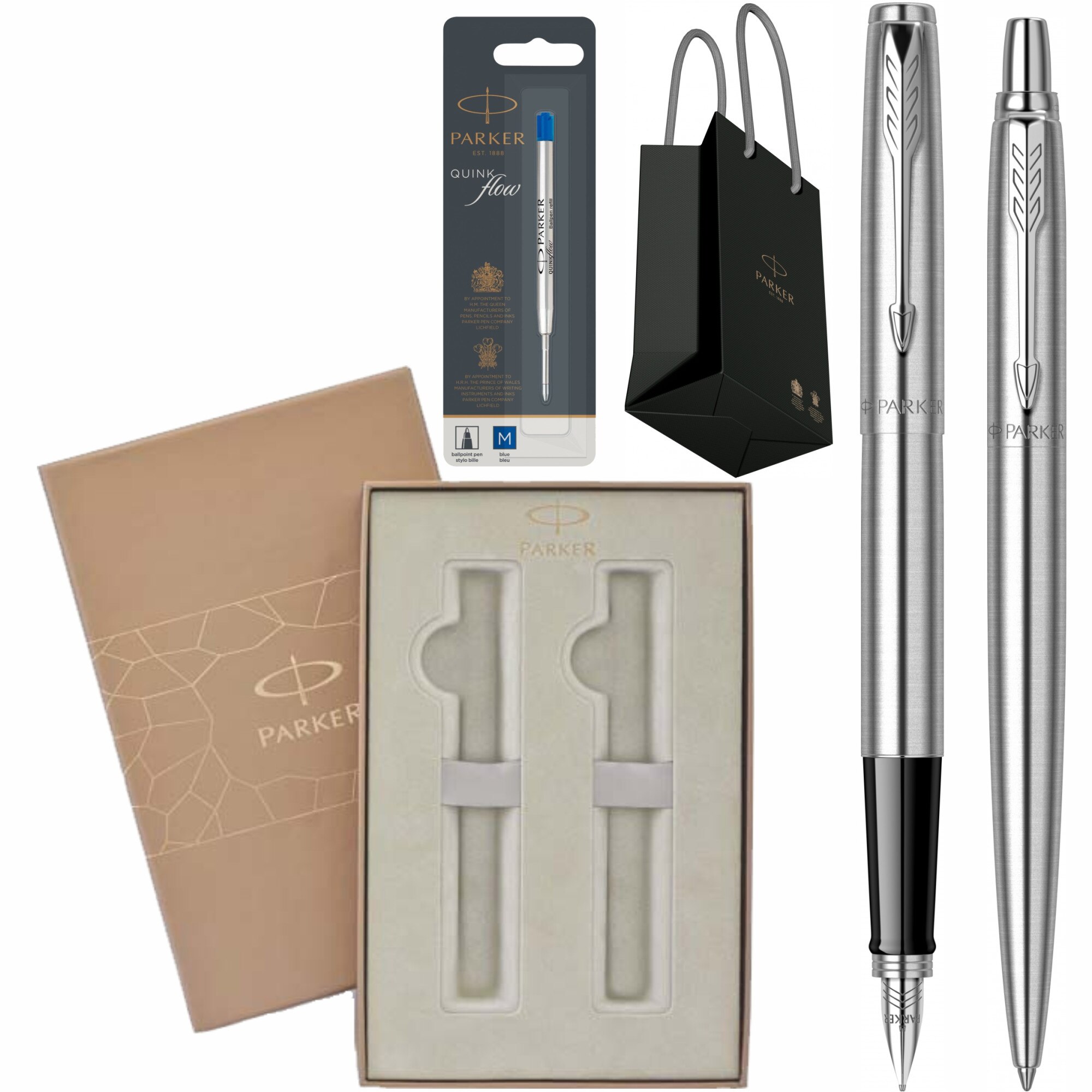 Set Parker Personalizat prin Gravura Laser Stilou Pix Jotter Royal Stainless Steel CT cu rezerva mina pix in cutie Premium Duo si punga