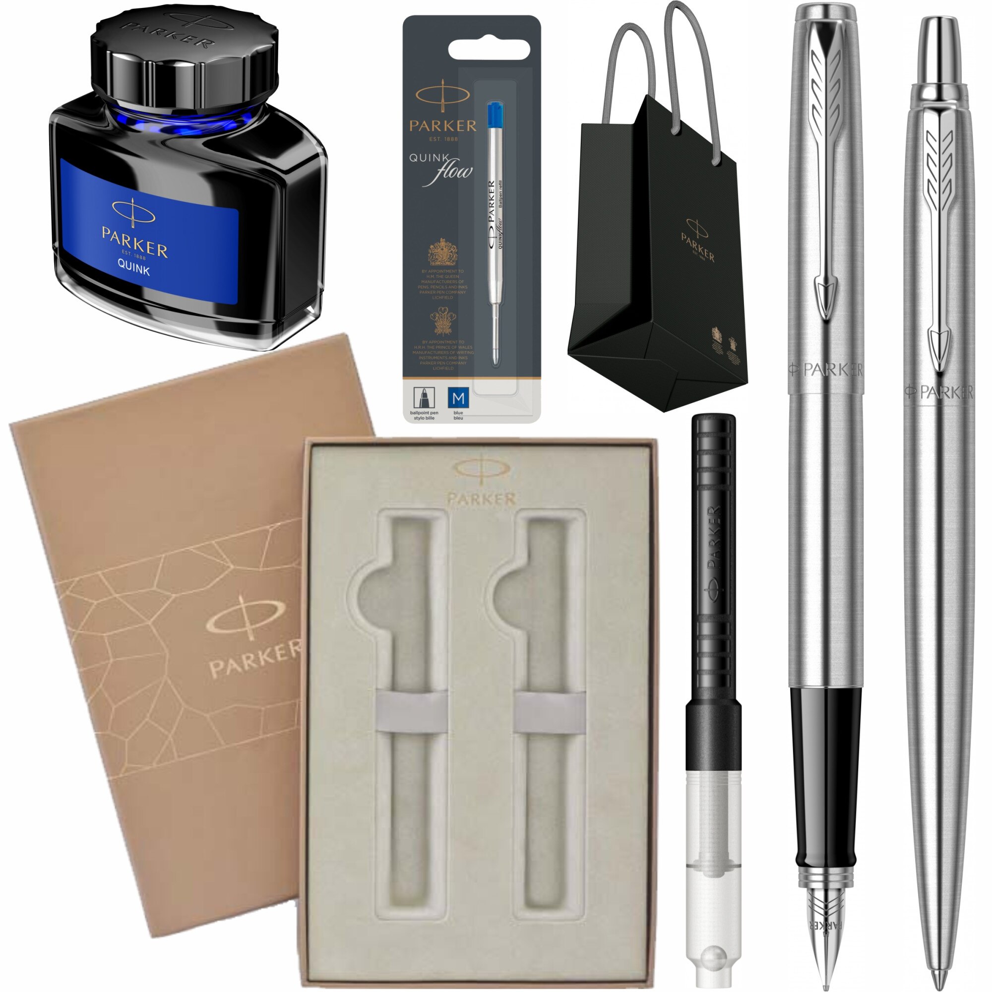 Set Parker Personalizat prin Gravura Laser Stilou Pix Jotter Royal Stainless Steel CT cu rezerva mina pix, convertor, calimara cerneala, cutie Premium Duo si punga