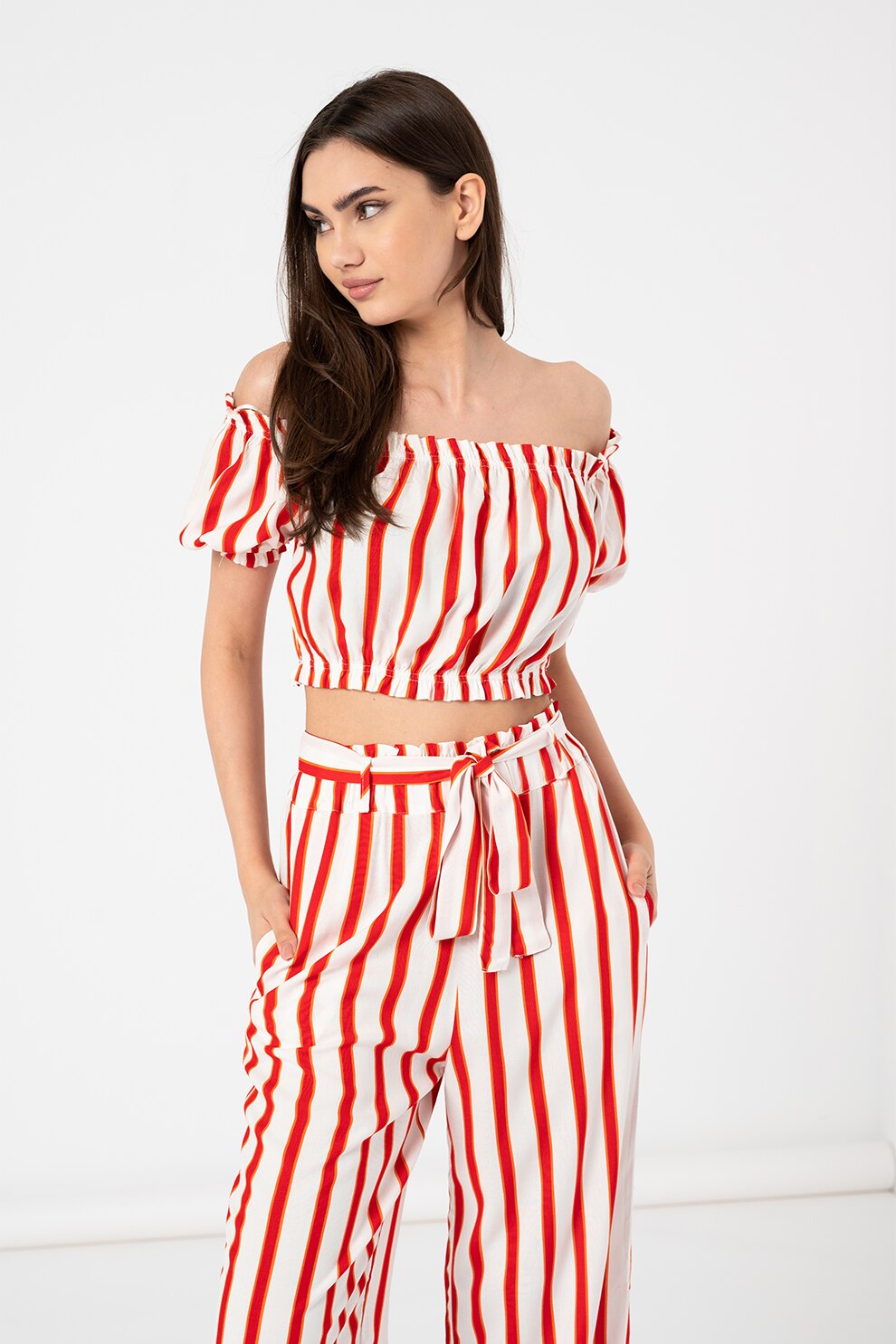 LTB, Bluza crop cu dungi, Alb/Rosu/Oranj