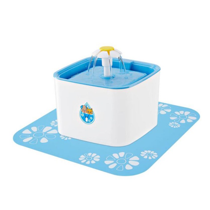 Castron pentru apa pentru animale de companie, Kosiil, 2.5 L, Fantana automata, 3 filtre, Baza silicon, Alb/Albastru