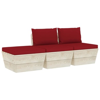Set mobilier de gradina din paleti cu 1 taburet si 2 canapele cu perne, vidaXL, Lemn, 60 x 60 x 65 cm, Rosu vin