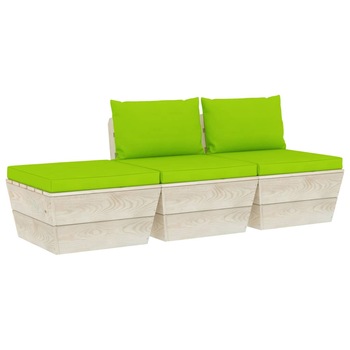 Set mobilier de gradina din paleti cu 1 taburet si 2 canapele cu perne, vidaXL, Lemn, 60 x 60 x 65 cm, Verde deschis