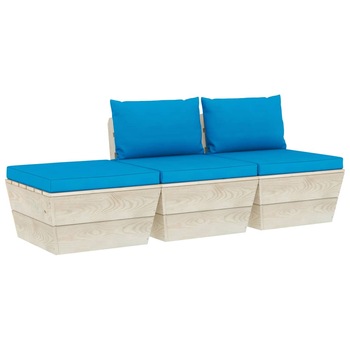 Set mobilier de gradina din paleti cu 1 taburet si 2 canapele cu perne, vidaXL, Lemn, 60 x 60 x 65 cm, Albastru deschis