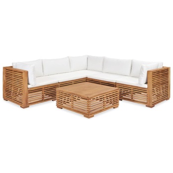 Set mobilier de gradina din lemn masiv cu 1 masa si 5 canapele cu perne, vidaXL, Lemn de tec, 69.5 x 69.5 x 60 cm, Maro Set mobilier de gradina din lemn masiv cu 1 masa si 5 canapele cu perne, vidaXL, Lemn de tec, 69.5 x 69.5 x 60 cm, Maro