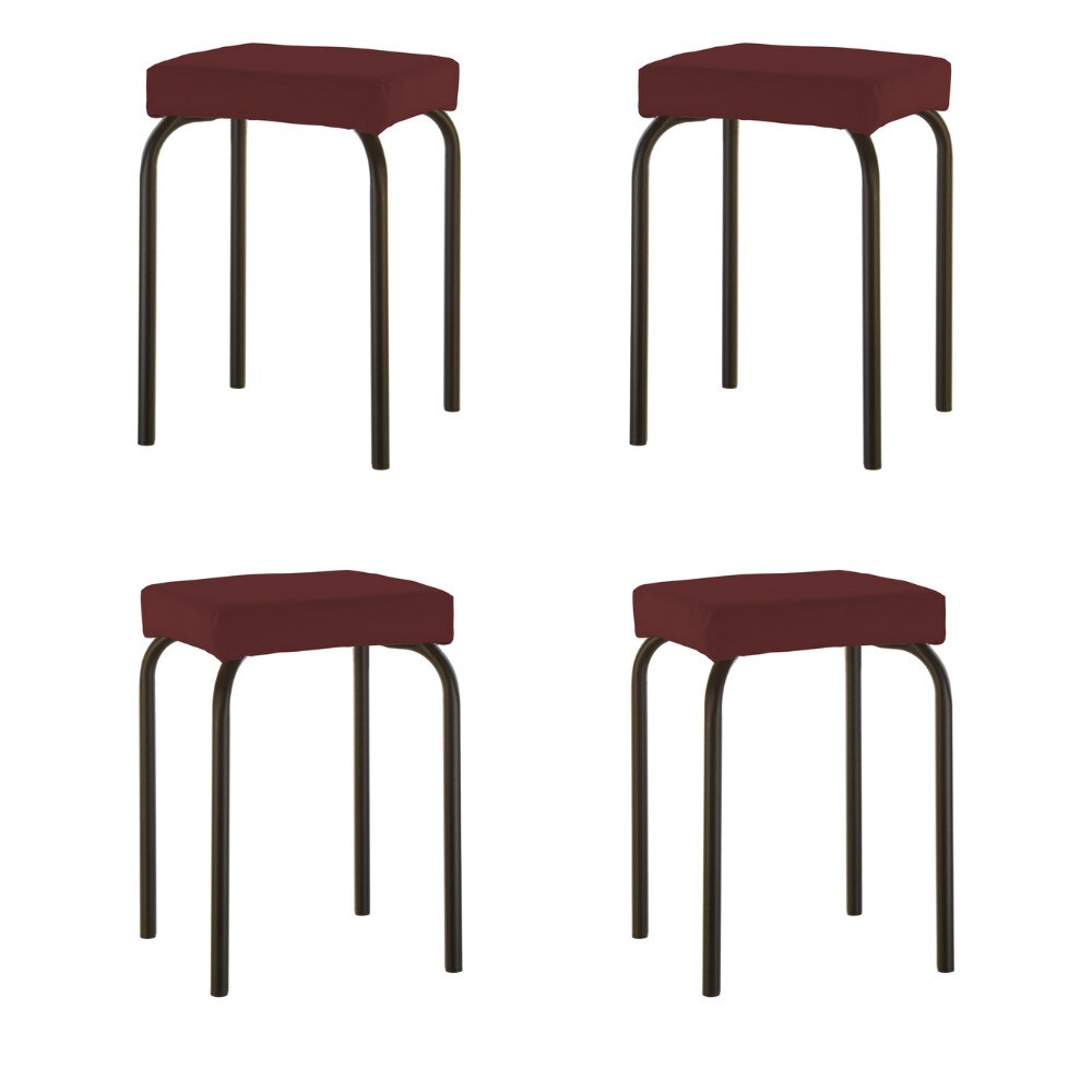 Set 4 scaune de tip taburet Tutti, cadru negru, piele ecologica, carmin